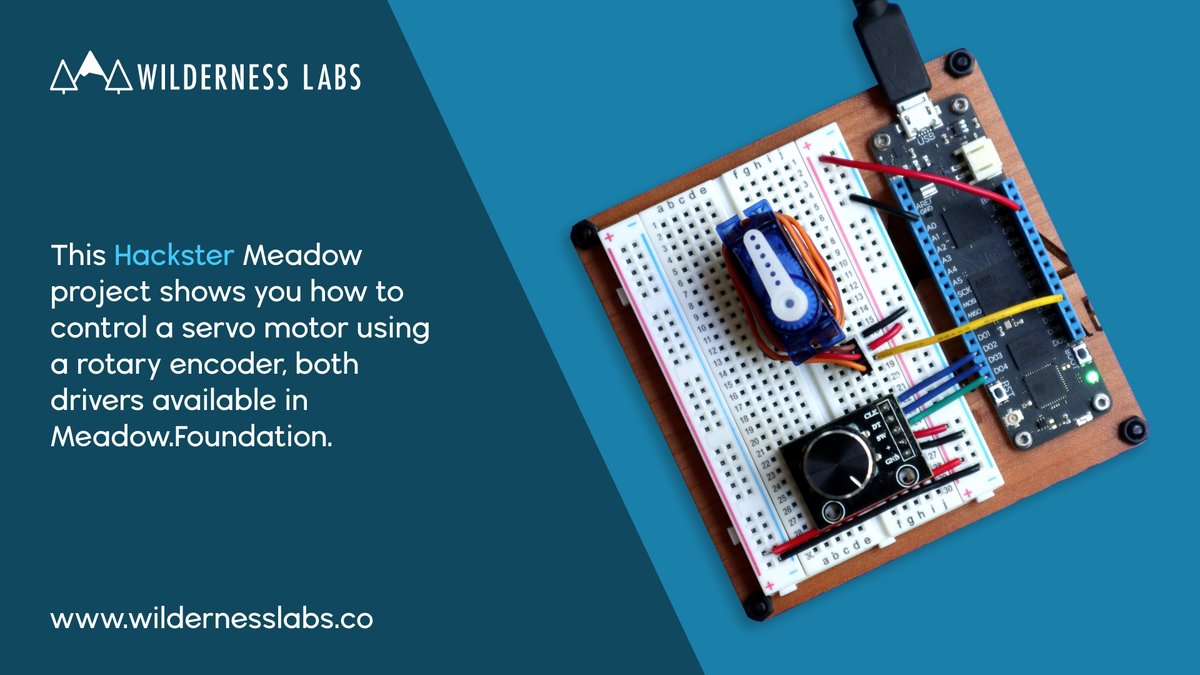 wildernesslabs's tweet photo. This Meadow @Hacksterio project teaches how to control an SG90 Micro servo using a rotary encoder with just a few lines of #csharp code. URL: https://t.co/gwOykWS1uU #meadowiot #dotnet #csharp #iot #stm32 #servos #hackkit #hardware #vscode #visualstudio #ui https://t.co/y6g7HcUD8n