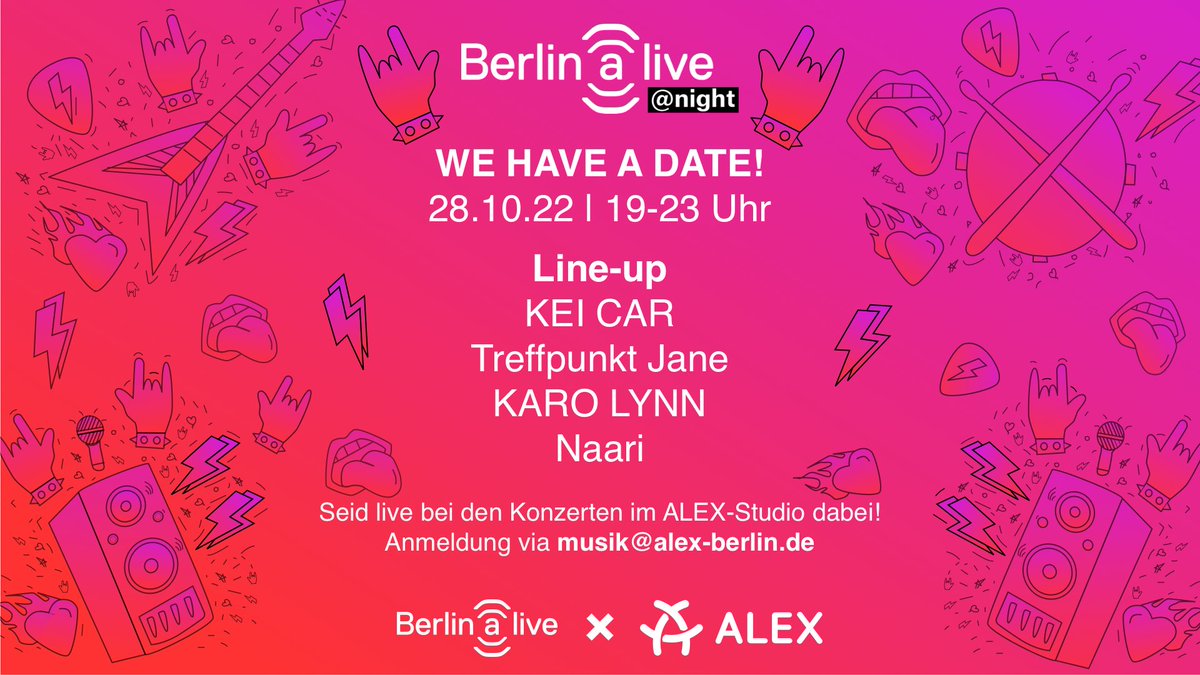Wir sind zurück!

Berlin(a)live steht wieder für euch in den Startlöchern.
Diesmal mit 4 wundervollen Bands
Unser Medienpartner ist wie immer <a href="/alex_berlin_de/">ALEX Berlin</a>.
Save the date!#berlinaliveatnight  #berlinevents #livestream  #kultur  #berlinmusic #supportartists #ohnekunstwirdsstill