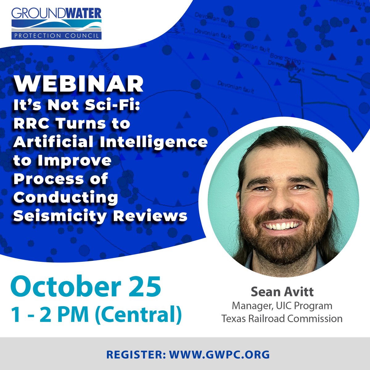 GWPC (@gwpcorg) on Twitter photo Join us Oct. 25 from 1 pm - 2 pm (Central) to hear how <a href="/txrrc/">Railroad Commission of Texas</a> has turned to artificial intelligence to optimize the time the agency’s technical analysts spend on #seismicity reviews to ensure residents and the environment are protected.
MORE INFO: (ow.ly/1hvO50L1pPM) Join us Oct. 25 from 1 pm - 2 pm (Central) to hear how <a href="/txrrc/">Railroad Commission of Texas</a> has turned to artificial intelligence to optimize the time the agency’s technical analysts spend on #seismicity reviews to ensure residents and the environment are protected.
MORE INFO: (ow.ly/1hvO50L1pPM)