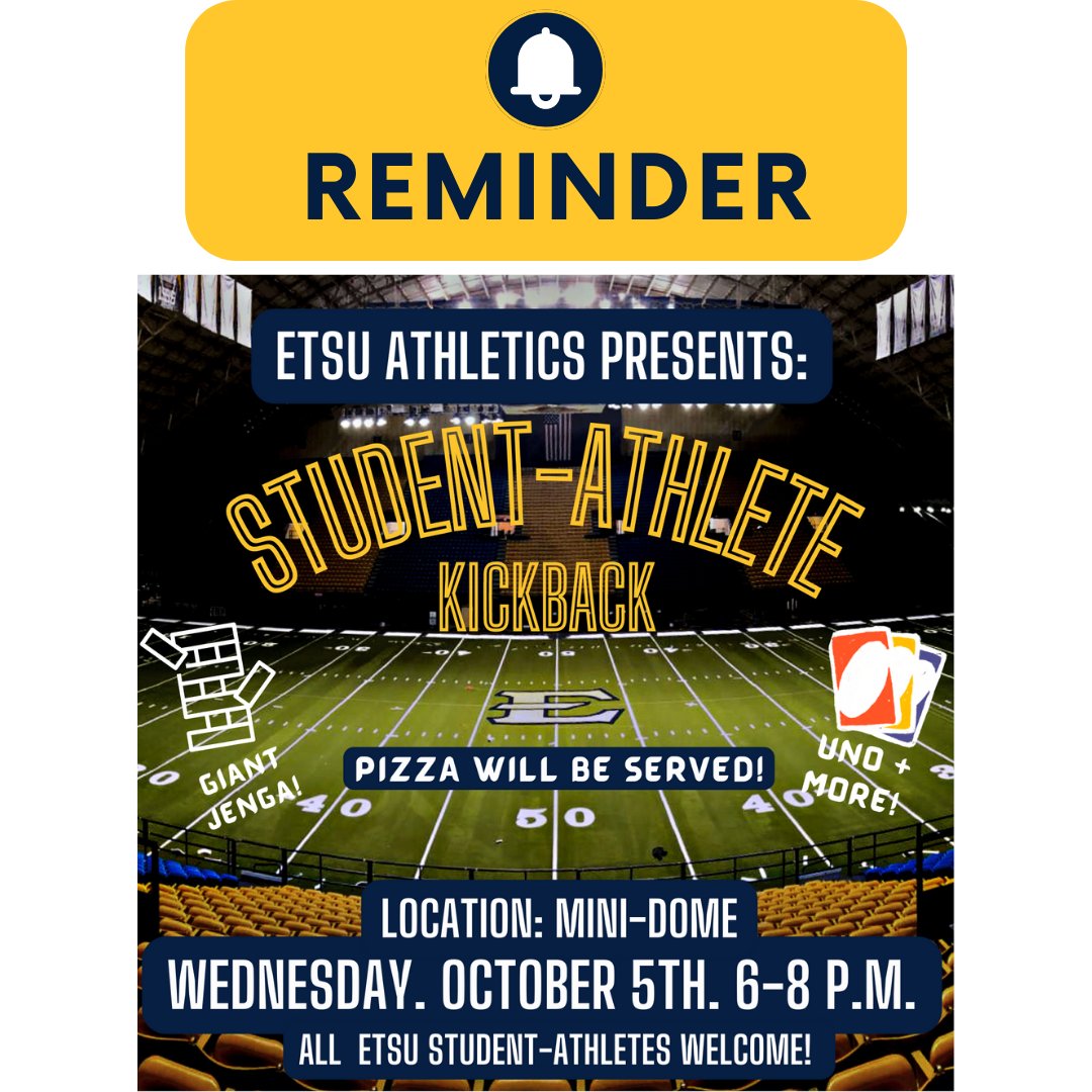 A reminder that the Student-Athlete Kickback is tonight! There will be pizza served and a ton of games to play.
We can't wait to see you all in the Mini-Dome from 6 - 8 p.m.
•
•
#Studentathletes #ETSU #Buccaneers #GoBucs #Kickback