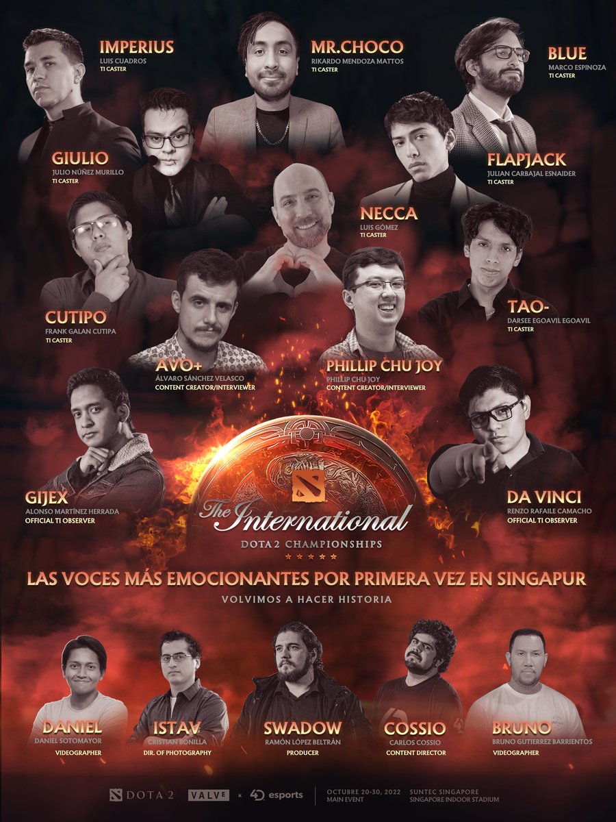 ¡Y este año, también tendremos casters en el epicentro del evento más importante de Dota en el mundo! Las voces más experimentadas traerán toda la emoción en directo desde Singapur. 💪
