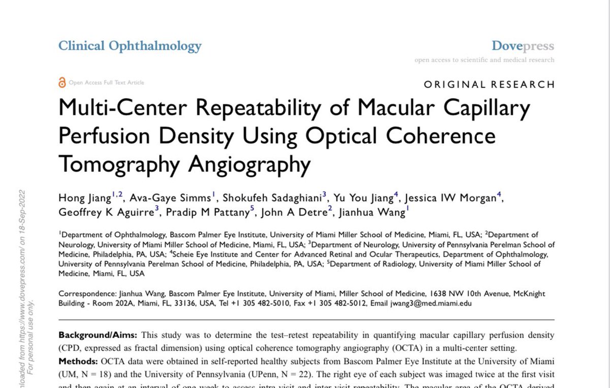 In continuation of our previous work on reproducibility of ASL-derived brain CBF now check out our paper on the repeatability of macular capillary perfusion density based on OCTA just published in Dove press’s Clinical Ophtholmology!Excited for the final combined results!👁🧠