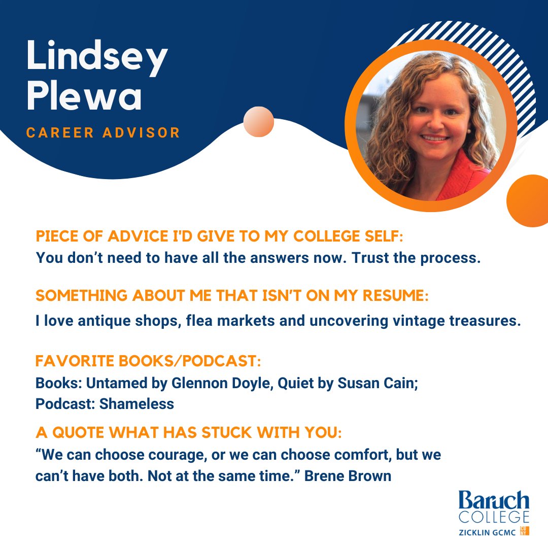 ZicklinGCMC's tweet photo. Meet our career advisor, Lindsey Plewa!
Prior to working at Baruch, she ran a #ProfessionalDevelopment program for working professionals.
#ZicklinCareers #GetToKnowTeamGCMC #CollegeAdvice #HigherEducation #CareerServices https://t.co/rBBm3C03Gd