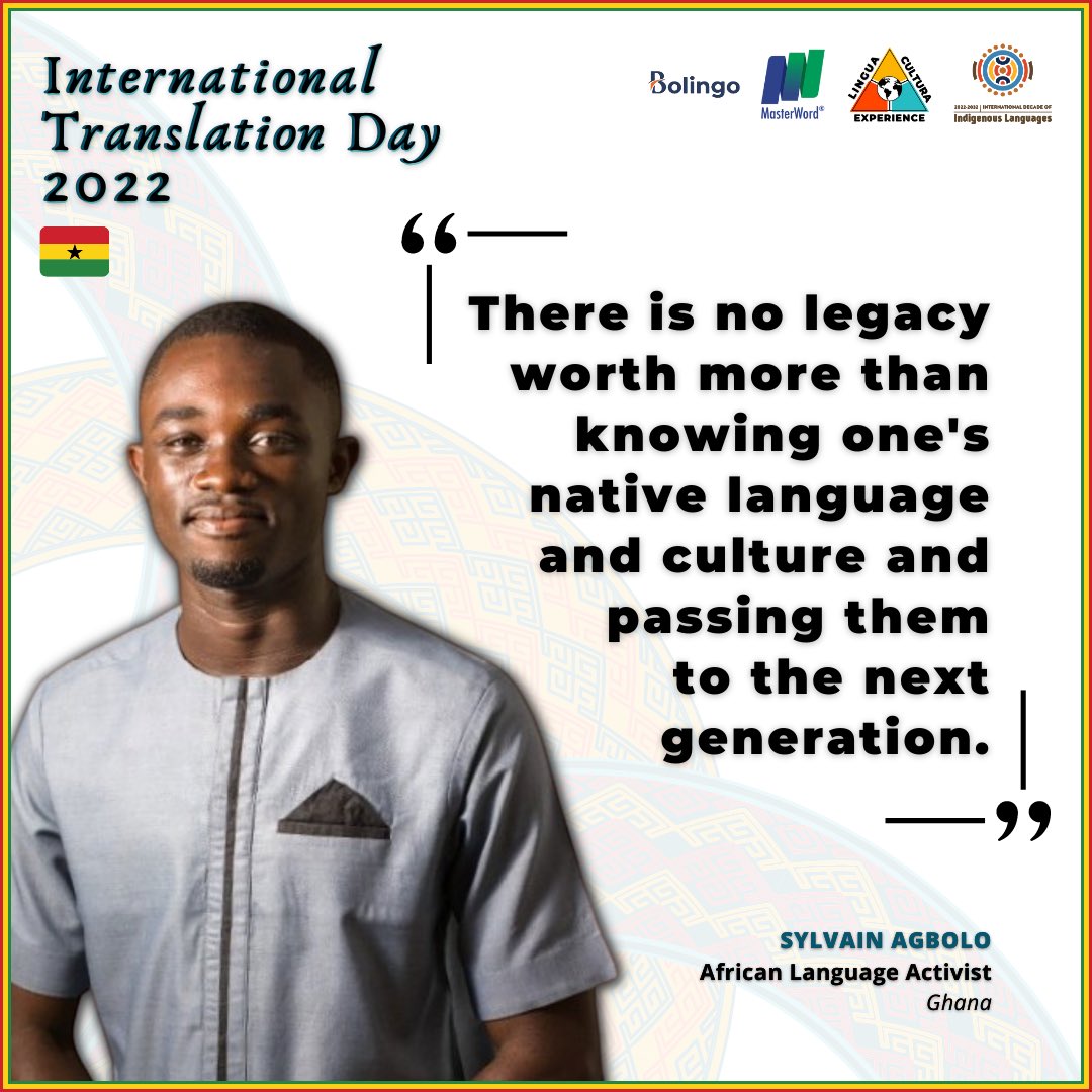 LinguaCulturaXP's tweet photo. We’re thrilled to spotlight Sylvain Agbolo from #Ghana for the #InternationalTranslationDay2022 campaign we ran in September with @bolingoconsult, @masterword and @ILDecade!

#ITD2022 #Africanlanguages #indigenouslanguages #languageactivism #linguaculturaexp #langtwt https://t.co/Hhd0wYSe6X