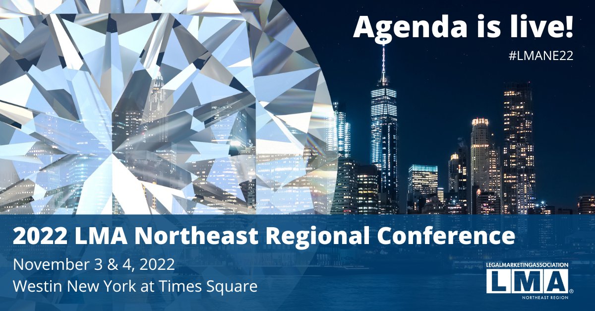 View the agenda for #LMANE22!

View the agenda here: bit.ly/3SW5c6X

Haven't registered yet? Don't miss your chance to take advantage of early bird pricing through October 6!

#LMAmkt #LegalMarketing