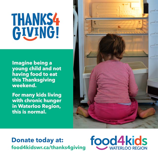 Child hunger doesn't take Thanksgiving off.

Please give to #Thanks4Giving, where your donation will help provide enough nutritious food on weekends and breaks to vulnerable kids, when they can't access food at school.

Visit: food4kidswr.ca/thanks4giving

#GiveThanksGiveHope