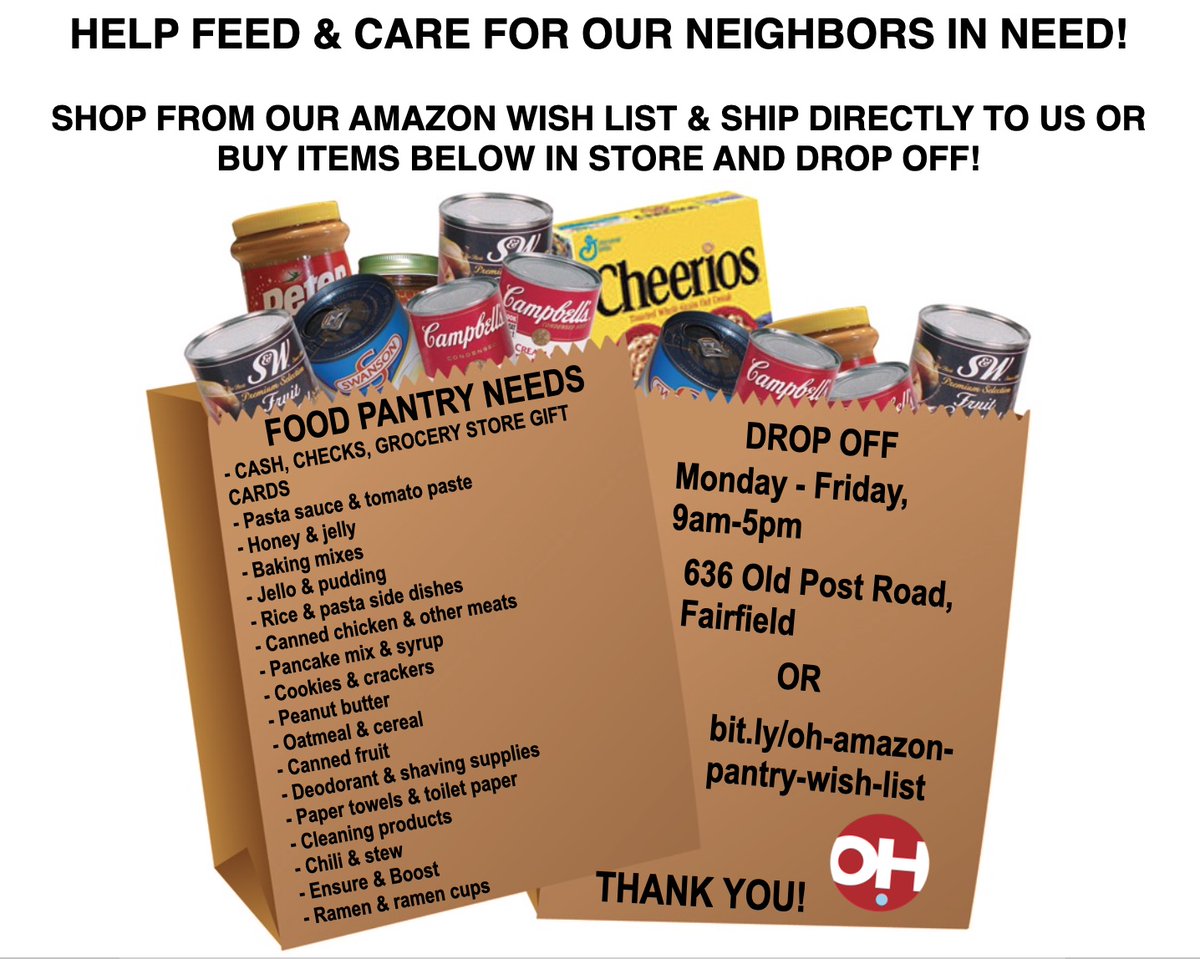 Help us stock our Food Pantry to help our neighbors in need. Drop off at our pantry M-F, 9am-5pm at 636 Old Post Road. Wish list here: operationhopect.org/help-stock-she…. Thank you!