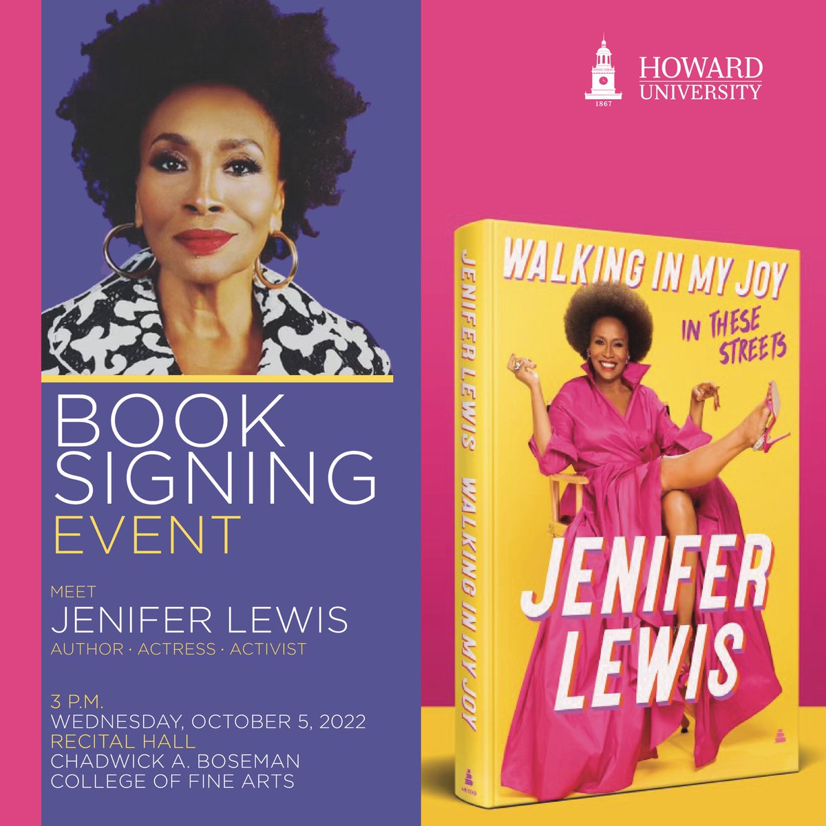 We are excited to be part of a special book signing event with the one and only @JeniferLewis. Please join us at the Chadwick Boseman College of fine Arts at 3pm. Admission is on a first come basis.