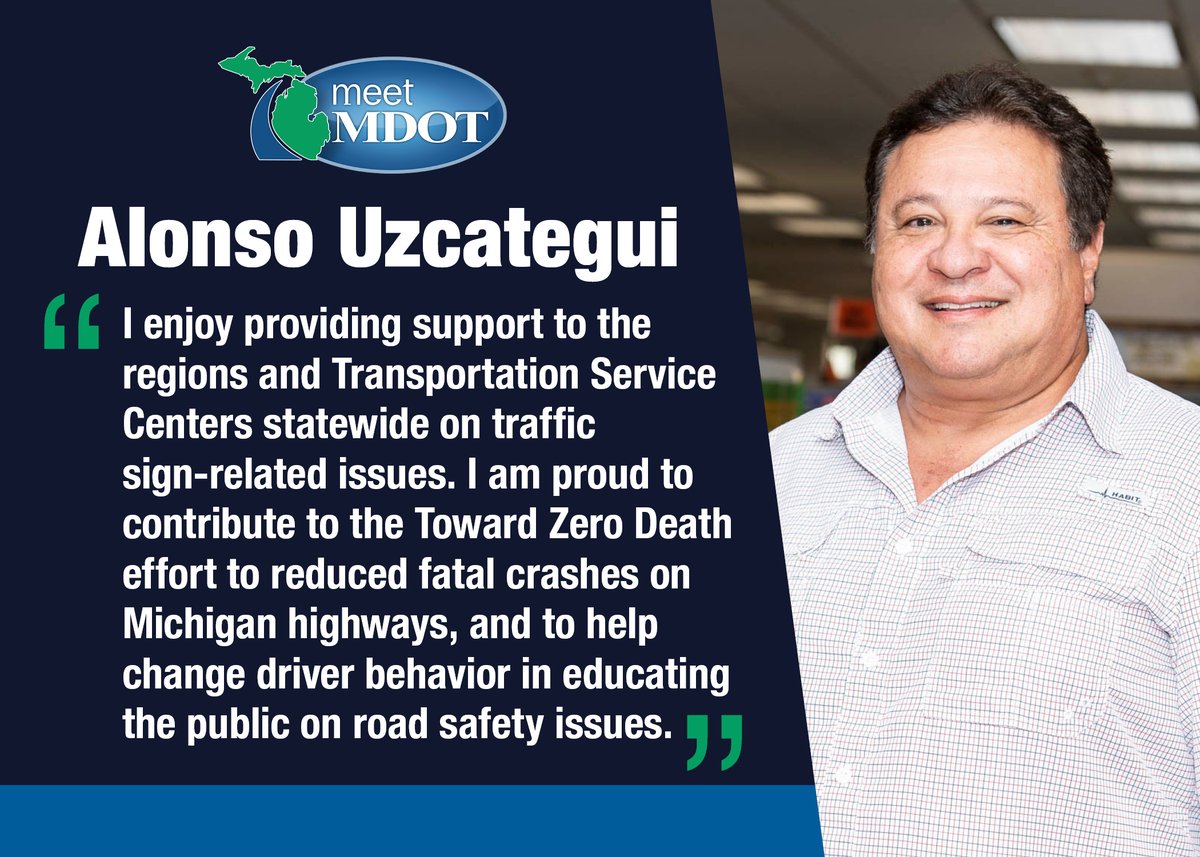 MichiganDOT's tweet photo. Meet Alonso Uzcategui, engineer manager for @MichiganDOT's Traffic Signing Unit, part of the Traffic and Safety Section in #Lansing. https://t.co/zbUgUVBeVY #MeetMDOT #HispanicHeritageMonth https://t.co/IrJsgIjh1P