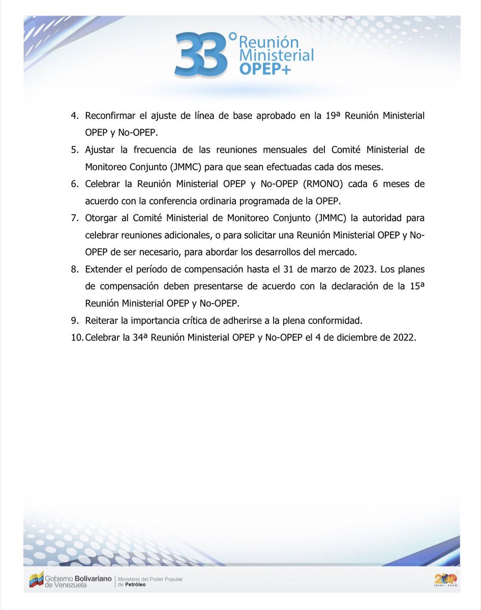 Es trascendental la decisión que hemos adoptado el día de hoy en el marco de la 33º Reunión Ministerial de la OPEP +. El equilibrio del mercado energético es fundamental para garantizar un suministro confiable para todos los países. <a href="/OPECSecretariat/">OPEC</a>