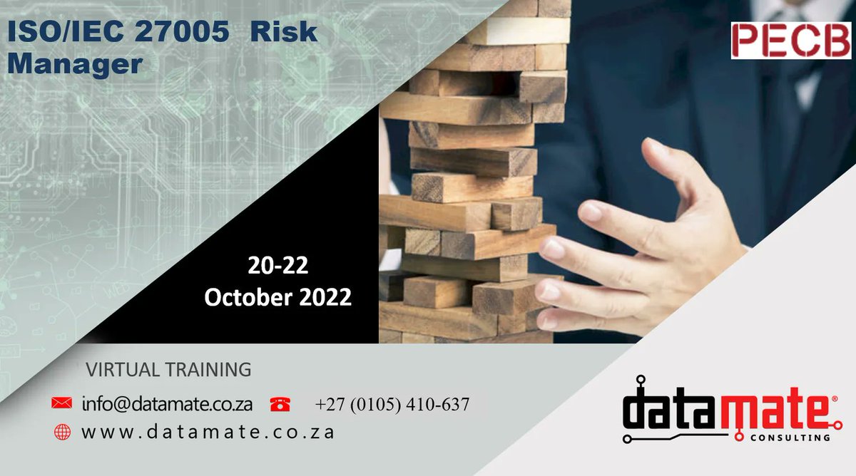 datamatesa's tweet photo. Using the ISO/IEC 27005 standard as a reference framework, this Risk Manager course helps you to grasp the risk management process related to all assets relevant to Information Security. 
For more:
Visit Now: https://t.co/VGZ1Gj71Sk
CALL:+27 (0105) 410-637
#riskmanagement https://t.co/28fsrMW9Nw