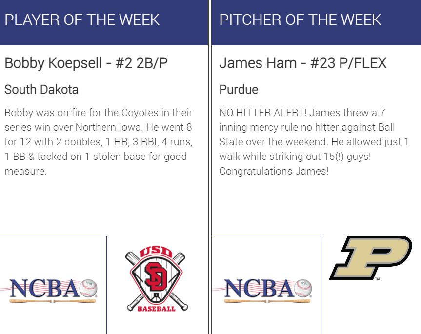 The_NCBA's tweet photo. Congratulations to Bobby Koepsell (@USDClubBaseball) &amp; James Ham (@PUBaseballClub) on earning Week 4 NCBA DI National Player &amp; Pitcher of the Week Honors! 

*Congrats to James for throwing the NCBA's 2nd NO HITTER this year. 

https://t.co/9pHhhC5EUg https://t.co/Zftg4wjM4f