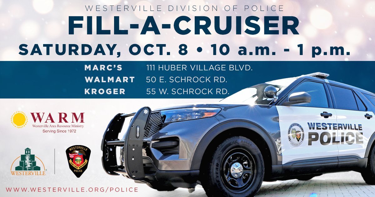 WestervillePD's tweet image. Help us Fill-a-Cruiser this Saturday at one of our participating stores. Officers and volunteers will collect non-perishable food items for community partner @WARM_1972 (Westerville Area Resource Ministry) to help those in need. See you there!