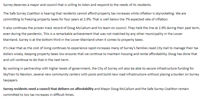 Doug McCallum's party has put out a news release, promising to freeze property taxes at 2.9% in the next four years.

Nearly every claim in the release is false or misleading. 

Let's go through it.