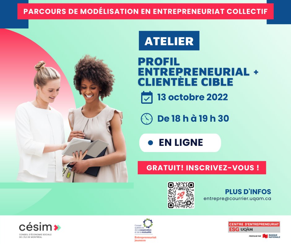 CE_ESG_UQAM's tweet photo. |Atelier Entrepreneurial|
Participez à cet atelier GRATUIT sur le Profil Entrepreneurial et la Clientèle Cible.

Inscrivez-vous dès maintenant!
👉entrepre@courrier.uqam.ca

📆13 oct
⏰18h-19h30
📍En ligne

#entrepreneur #entrepreneuriat #entrepreneuriatcollectif #Démarrage https://t.co/FrwyDLETeR