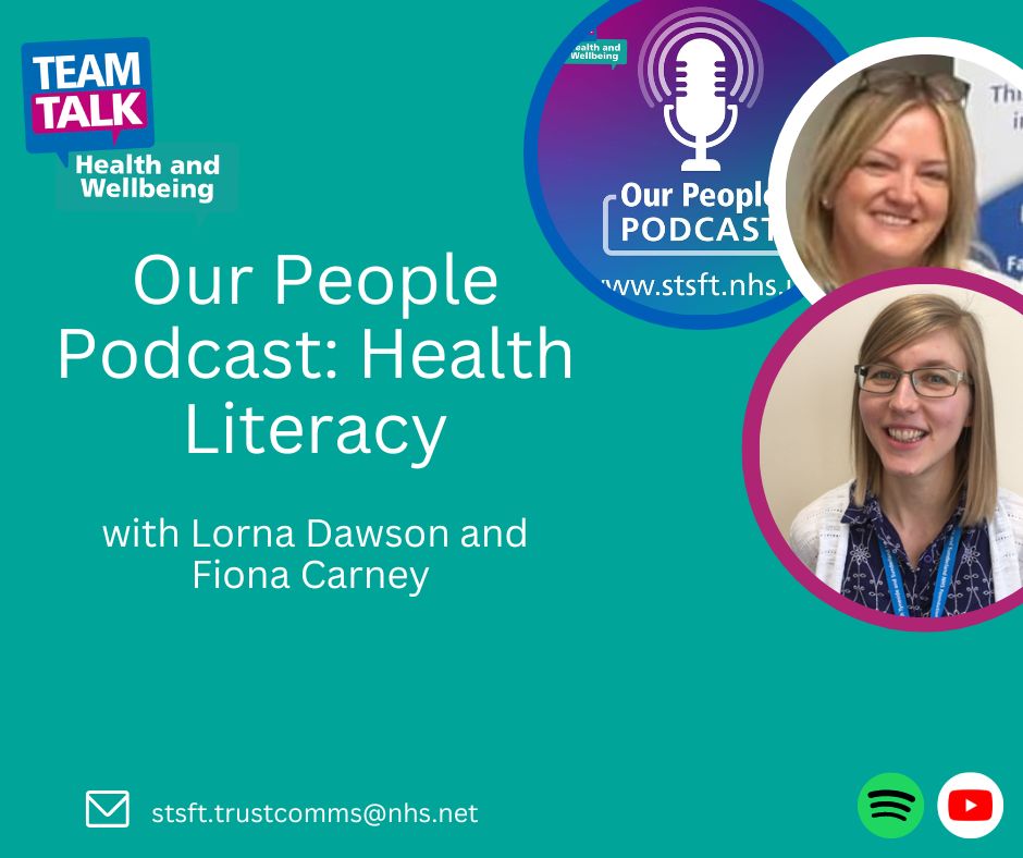 📣 PODCAST EPISODE 11 📣

This week we spoke to Health Literacy Officer, Lorna Dawson and Population Health Lead, Fiona Carney to discuss what the Trust is doing for health literacy month and why it is so important 🎙️

Listen here 👇
Spotify: spoti.fi/3CdR4iR