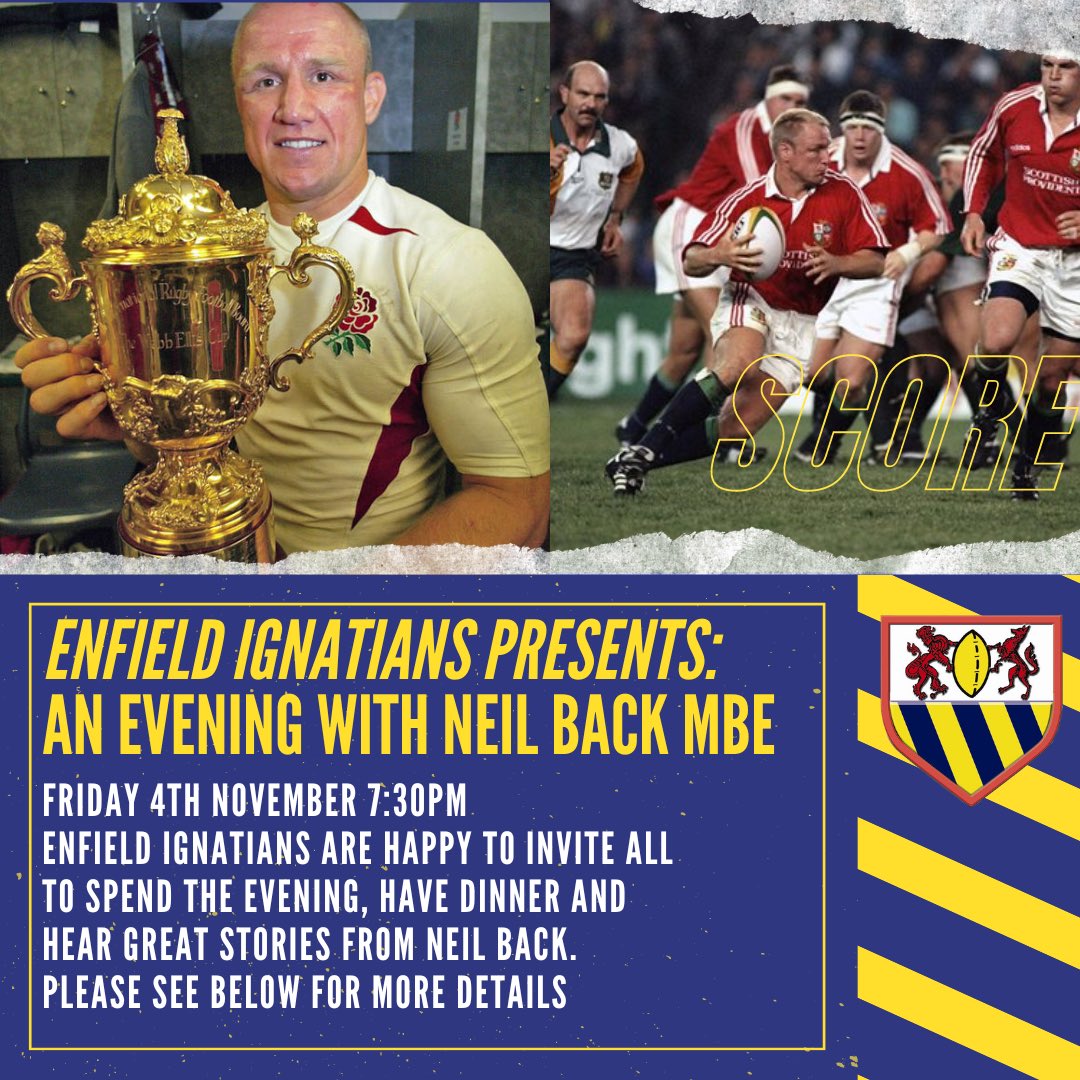 EIRFCDodo's tweet photo. Enfield Ignatians presents: An Evening with Neil Back MBE
This is to help raise funds for the 2023 minis/junior tour! Let's support our young players! π΅π‘
Tickets are priced at Β£65 single and Β£120 per loving couple.
If interested please see comments for more info.#eirfc https://t.co/aRwIPZf1n6