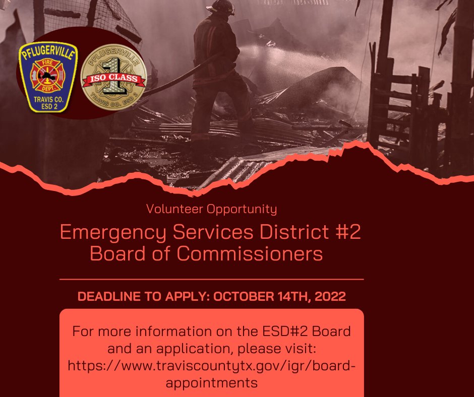 The Travis County Commissioners Court is seeking a qualified individual to serve on the ESD#2 Board of Commissioners, which serves 75 square miles in <a href="/PflugervilleTX/">Pflugerville, TX</a> &amp; <a href="/TravisCountyTX/">Travis County TX</a> 

For more info on ESD #2 and an application, please visit traviscountytx.gov/igr/board-appo…