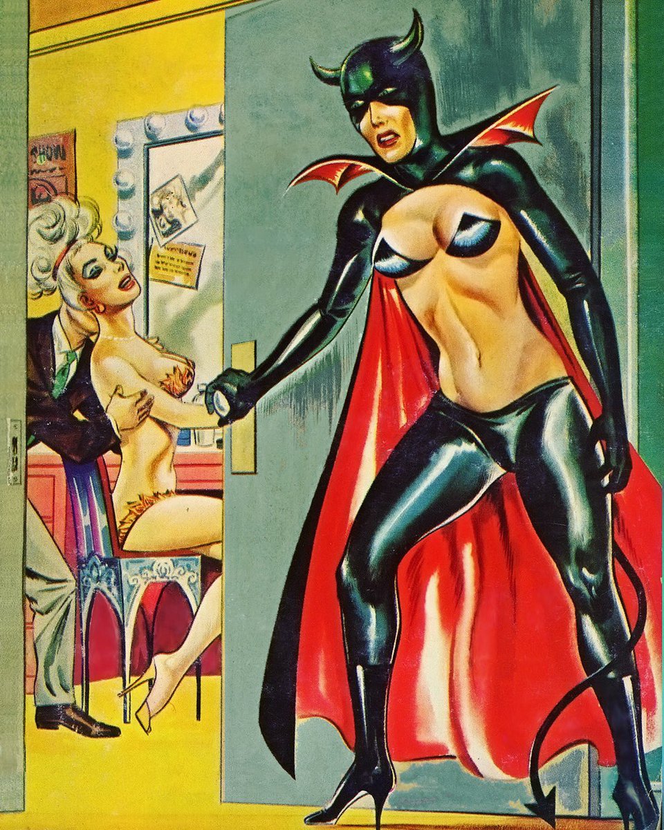 AugustinVonlynx's tweet photo. Cover for Allyn Davis's 1967 Backstage Trio, 
Illustration by Bill Alexander
.
#billalexanderpulp #billalexanderillustrations #pulpcovers #pulpfiction #demonatrix #sixtiespulp #1960spulpfiction #weehourspublications #latexdevildoll https://t.co/WwF0VE1ivK