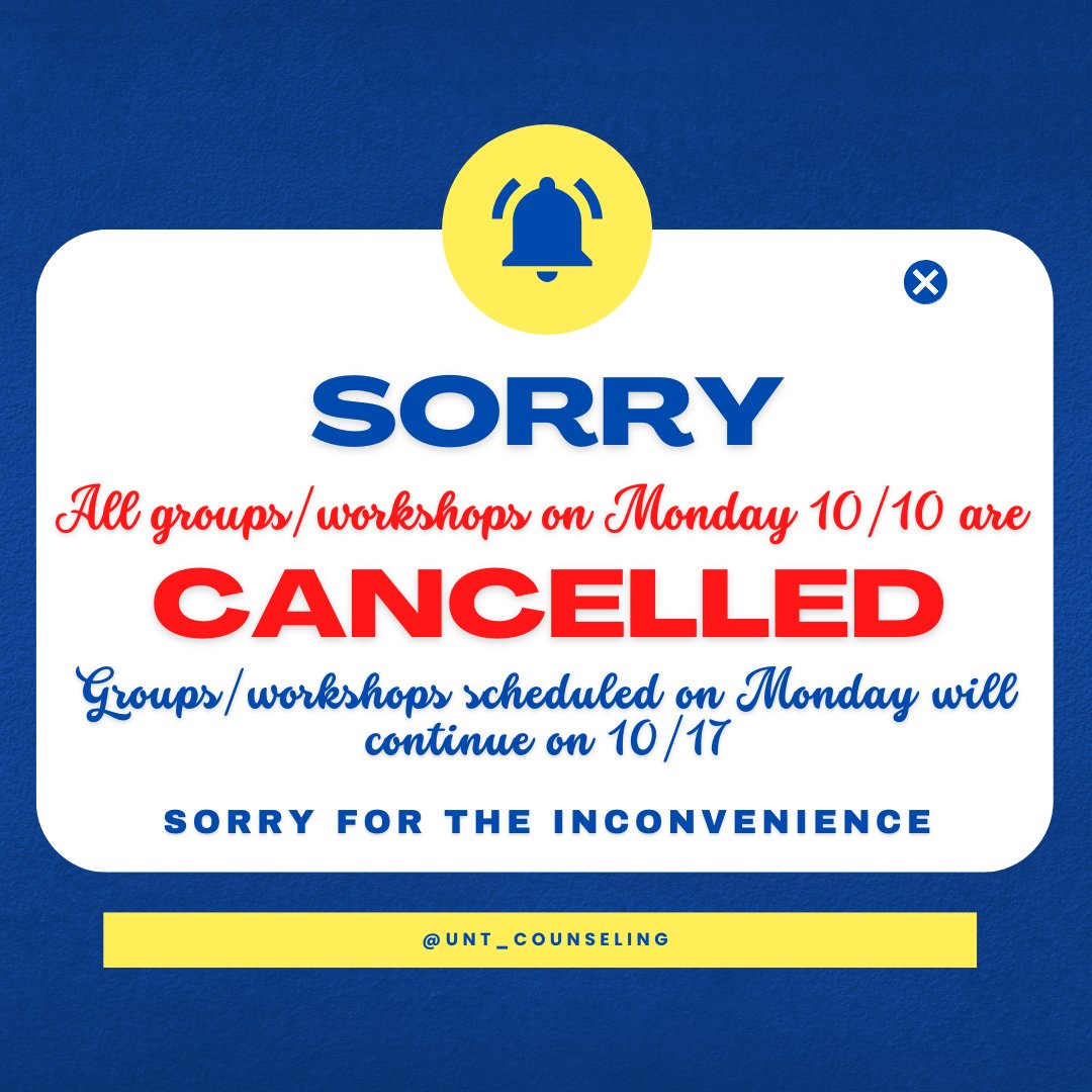 *IMPORTANT* All groups/workshops scheduled on Monday 10/10 are CANCELLED. They will resume on Monday 10/17. Sorry for the inconvenience.