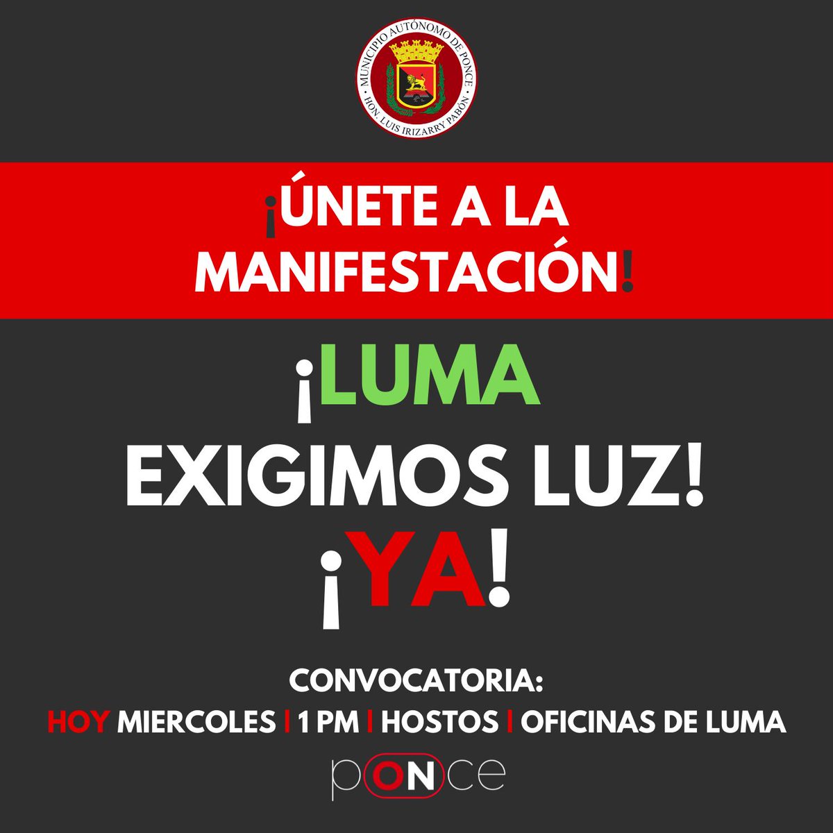 Vamos a exigir LUZ para TODOS los ponceños. ¡Únete!

1:00 pm en la Ave. Hostos, frente a la oficina de <a href="/LumaPR/">LUMA</a>