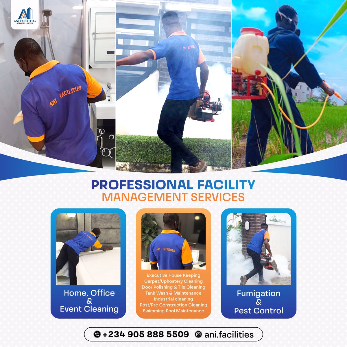 AniFacilities's tweet photo. Choose Ani today , send a dm and do let us know which of our services we would be rendering to you. #Ani
#anigroup
#anifacilities
#fypシ
#octobersales
#businessesonline
#cleanersnearme
#cleaningservicesinlagos
#fumigationservicesinajah
#topcleaningcompanies https://t.co/ipSfPsG9Zi