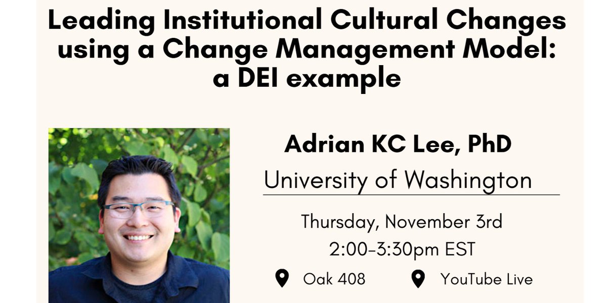 Excited to kick off our ’22-’23 Speaker Series with Dr. Adrian KC Lee on “Leading Institutional Cultural Changes Using a Change Management Model: A DEI Example”!  11/3 2pm EST. Abstract &amp; livestream registration at s.uconn.edu/lee1