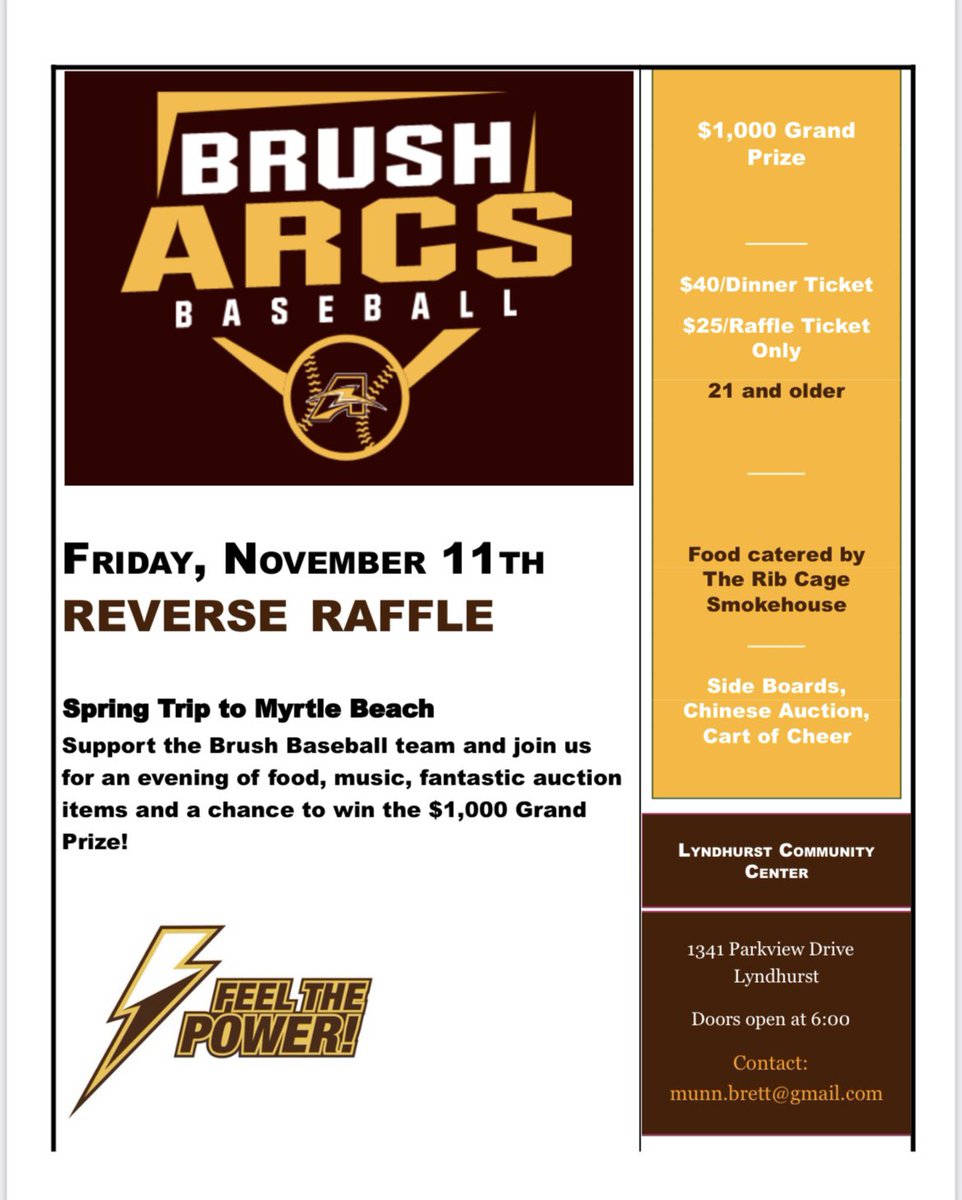 Brush Baseball is hosting a Reverse Raffle on November 11th at the Lyndhurst Community Center. If you are interested in attending or buying a ticket for the raffle, see any of the players or contact Coach Munn. Money raised goes towards the Spring Trip and equipment upgrades.