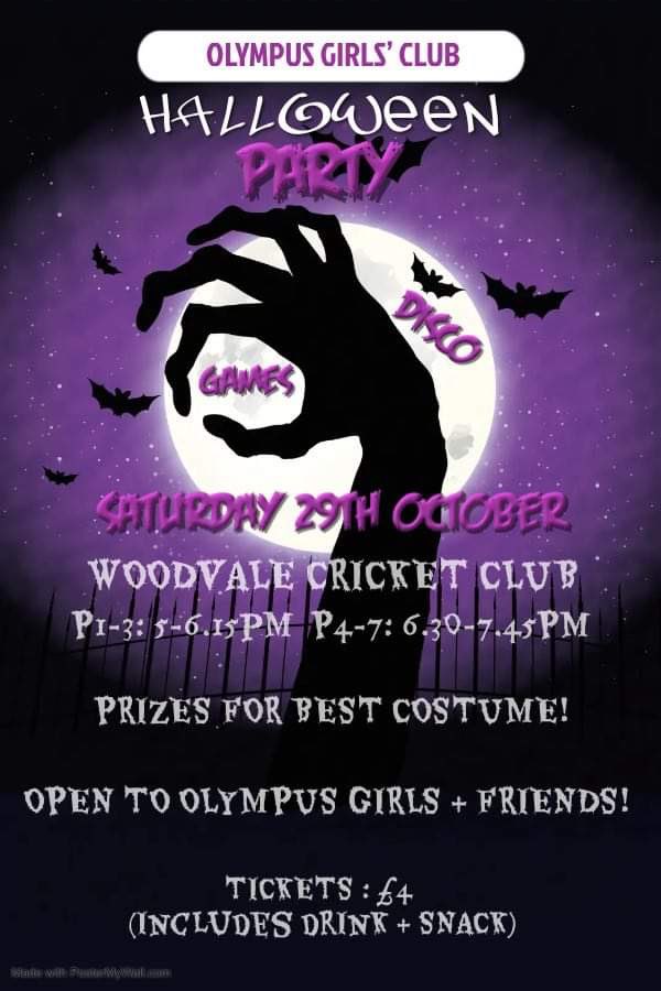 OlympusGirls's tweet photo. Olympus Halloween Spooktacular is back! Saturday 29 October, Woodvale Cricket Club. Tickets on sale from Tuesday- £4🎃💜👻 https://t.co/vE1mJxf9LO