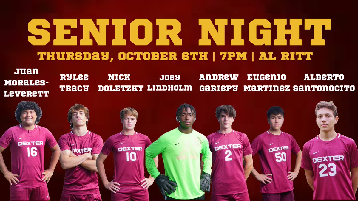 Come down to Al Ritt Stadium to celebrate our 7 Seniors as Dexter takes on Bedford tomorrow night under the lights. JV kick off at 5:30, Senior Celebrations at 6:50 and Varsity will kick off around 7:10.