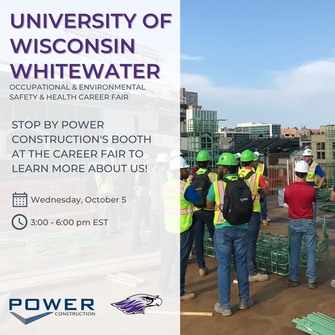 Don't miss out, Warhawks! Power Construction will be at the Occupational and Environmental Safety and Health Career Fair today. Stop by and chat with us about #careersinconstruction #Poweryourcareer #GrowwithPower #internship #recruiting  #UWWhitewater <a href="/UWWhitewater/">UW-Whitewater</a>