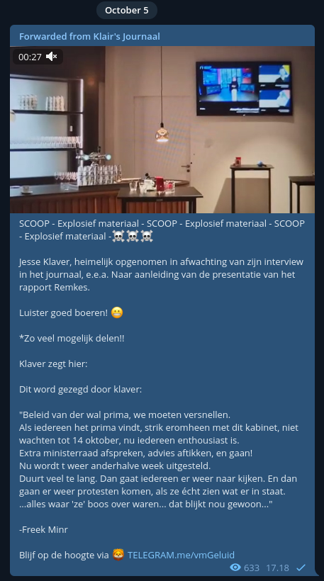 evert_mouw's tweet image. Brom mij helaas onbekend. Stem, taalgebruik en timing lijken inderdaad te matchen met Jesse Klaver. Dit bericht werd op Telegramkanalen verspreid, maar is denk ik niet de oorspronkelijke bron.