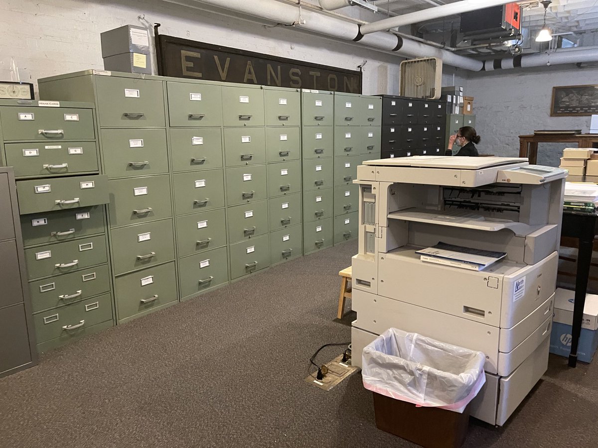 The basement archives of the Evanston History Center. Some of the basement has marble flooring.