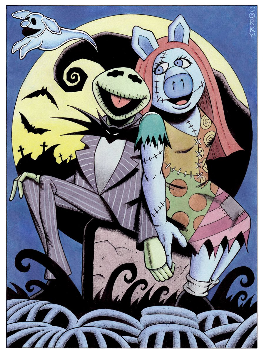 brucemccorkinda's tweet photo. New commission: a Muppet version of THE NIGHTMARE BEFORE CHRISTMAS featuring Kermit, Piggy and Rowlf! Mixed media on 9 X 12" bristol board. https://t.co/XmLzAfx6ai