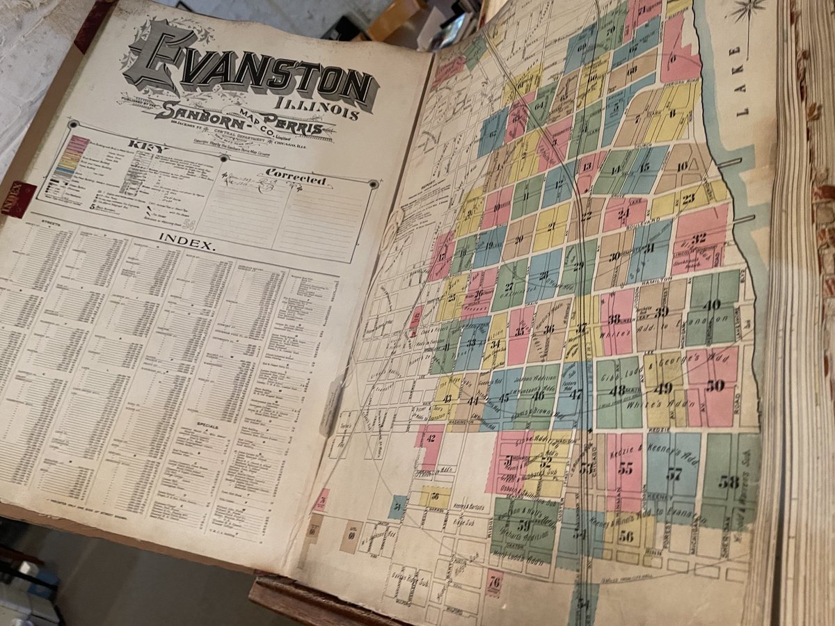 A Sanborn map of Evanston, c. 1899, showing the current north and west sides mostly pale and undeveloped. These were done every 20 years for fire insurance purposes.