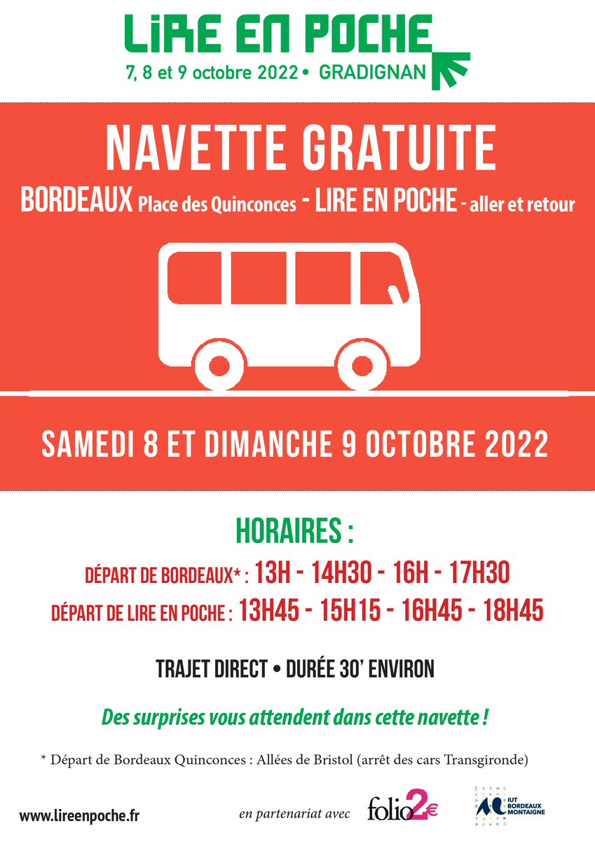 ⏳ J-2 avant le #salondulivre Lire en Poche !
Nous en profitons pour vous rappeler que la navette Lire en Poche est #gratuite 🤑 et part de #Quinconces Elle circulera les samedi et dimanche après-midi.
#lireenpoche #lireenpoche2022 #festivaldulivre #bookstagram #bookstagramfrance