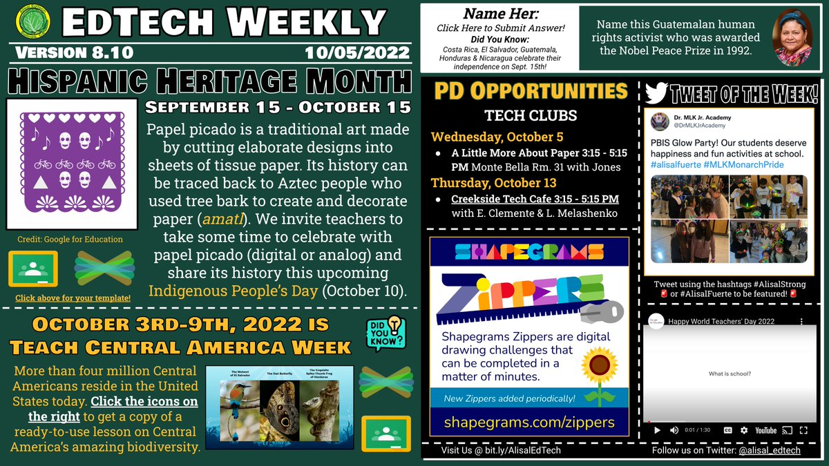 Alisal EdTech (@alisal_edtech) on Twitter photo Welcome to October, <a href="/AlisalUSD/">Alisal Union SD</a>! 🍂 Find resources for #HispanicHeritageMonth & #TeachCentralAmerica Week, learn about Zippers from <a href="/shapegrams/">Shapegrams</a>, & sign up for a PD opportunity. AND Happy #WorldTeachersDay! We are #AlisalStrong #AlisalFuerte because of you!
bit.ly/AlisalWeekly Welcome to October, <a href="/AlisalUSD/">Alisal Union SD</a>! 🍂 Find resources for #HispanicHeritageMonth & #TeachCentralAmerica Week, learn about Zippers from <a href="/shapegrams/">Shapegrams</a>, & sign up for a PD opportunity. AND Happy #WorldTeachersDay! We are #AlisalStrong #AlisalFuerte because of you!
bit.ly/AlisalWeekly