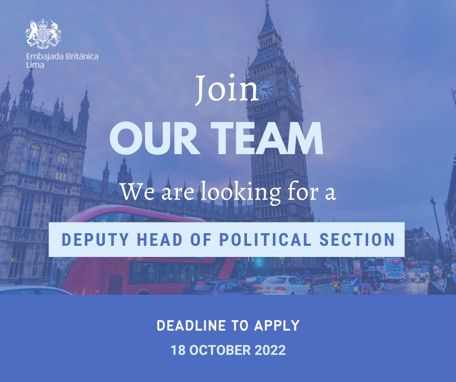UKinPeru's tweet photo. [#JobOpportunities]

Would you like to lead on the elaboration of the Embassy’s human rights strategy and produce insightful political reporting?

We are looking for a qualified candidate to join us as: Deputy Head of Political Section

▶ https://t.co/JmQ59WeelO https://t.co/FMLJmSPODx