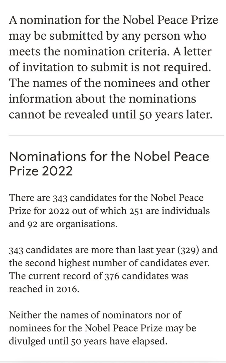 “A nomination for the Nobel Peace Prize may be submitted by any person who meets the nomination criteria. A letter of invitation to submit is not required. The names of the nominees…cannot be revealed until 50 years later.” “List of favourites” is agenda-driven speculation.