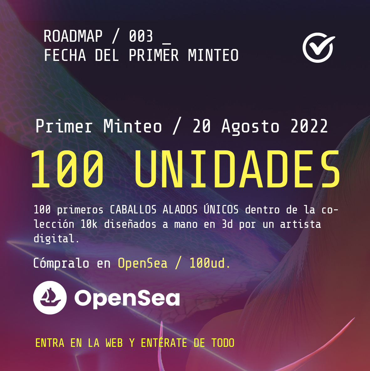 HorsesDMG's tweet photo. Te recordamos nuestro Roadmap!
Venta primeras 100 unidades en OpenSea a partir del 20 de Agosto. Actualmente nos encontramos en esta etapa.

Comprar Horses DMG
https://t.co/yDpUAM6mUU
+Info https://t.co/Yc8SUYmGmP

#NFTs #NFTCommunity #nftart #nft #hipica #Horses https://t.co/9ASC30Mwk4