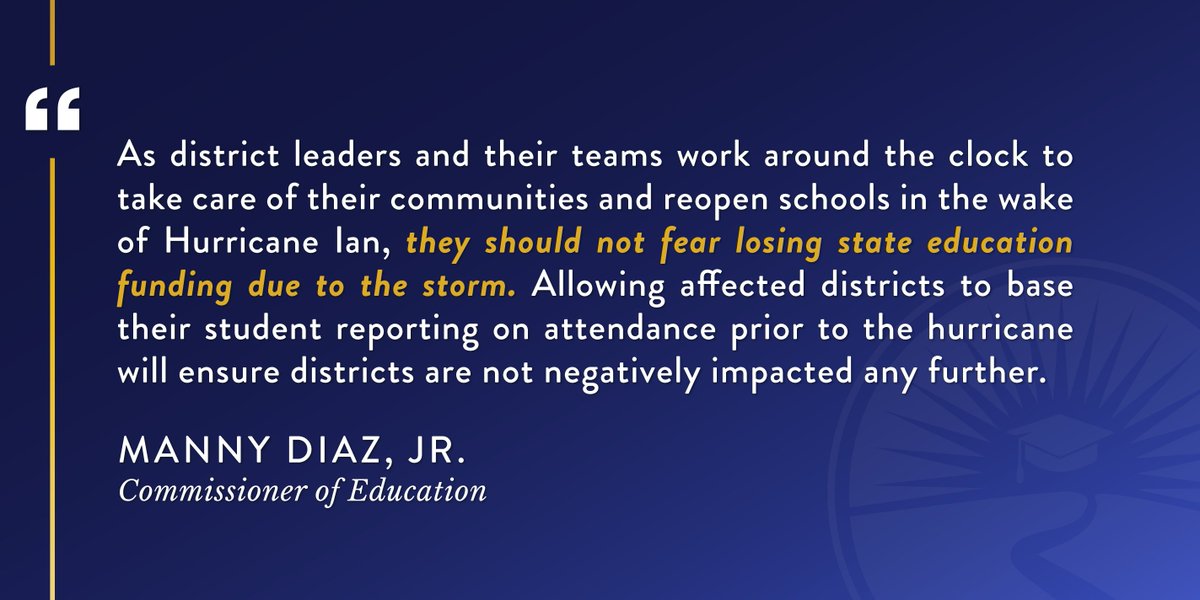 EducationFL's tweet photo. Today, at the request of @GovRonDeSantis, we are providing flexibility to school districts and public charter schools impacted by Hurricane Ian. Read the full release at https://t.co/sRQ6TOnfEQ. https://t.co/MShoMLS7ld