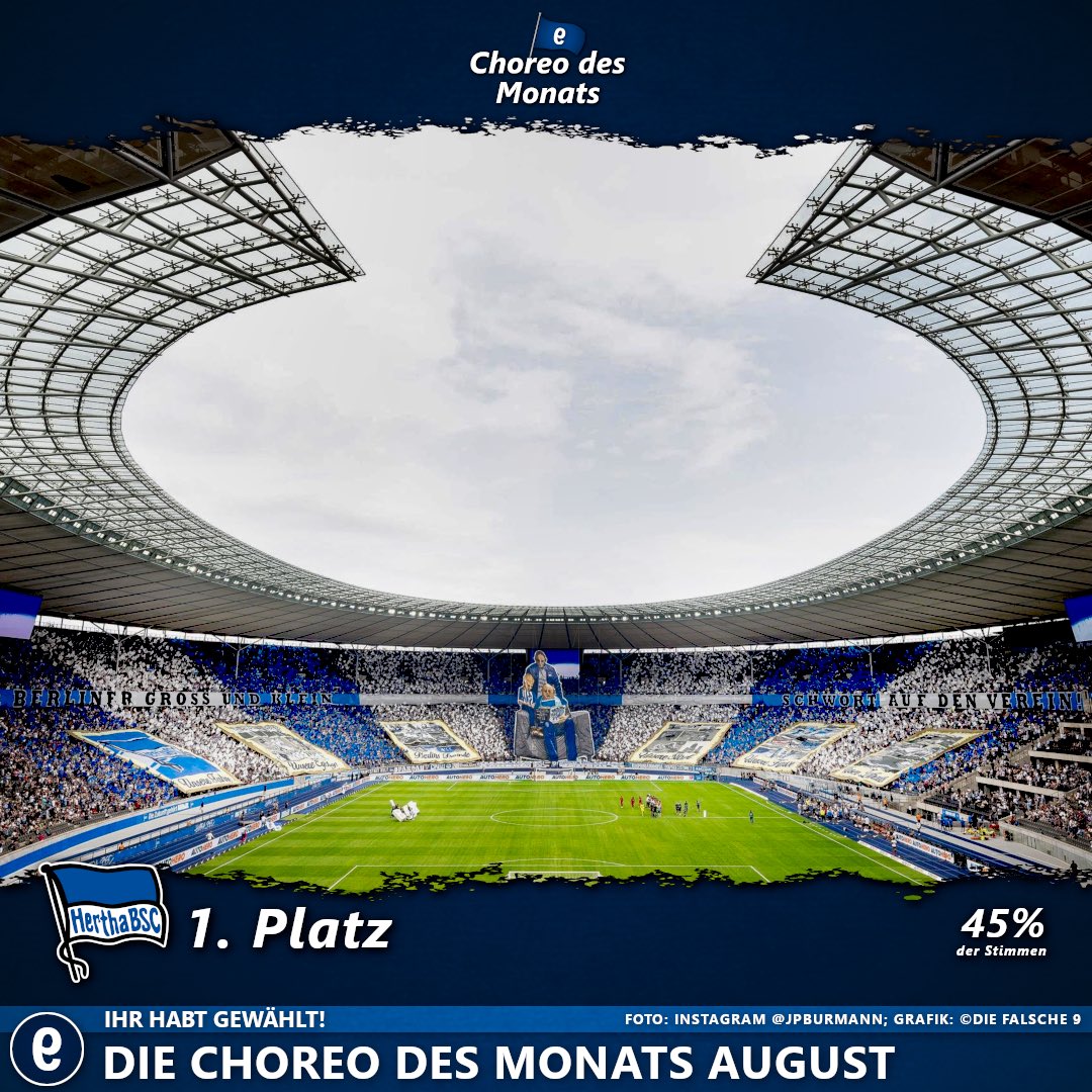 Die falsche 9 (@die_falsche_9) on Twitter photo Wir haben einen Sieger! 🥇 Ihr habt die Choreografie der Fans von <a href="/HerthaBSC/">Hertha BSC</a>, beim Heimspiel gegen Eintracht Frankfurt, zur schönsten Choreo des Monats August gewählt. Insgesamt wurden 17.140 Stimmen abgegeben - vielen Dank dafür. 👏 #hahohe Wir haben einen Sieger! 🥇 Ihr habt die Choreografie der Fans von <a href="/HerthaBSC/">Hertha BSC</a>, beim Heimspiel gegen Eintracht Frankfurt, zur schönsten Choreo des Monats August gewählt. Insgesamt wurden 17.140 Stimmen abgegeben - vielen Dank dafür. 👏 #hahohe
