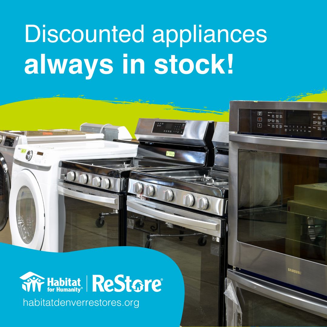 DenverReStores's tweet photo. Need a new appliance? Find gently-used appliances such as ovens and microwaves at discounted rates at  our ReStores. Head to our website for our locations. https://t.co/IdWexvqeJk #habitatdenverrestore #denverrestore #sustainability #bargainprices #restore https://t.co/WceGlbXMFm