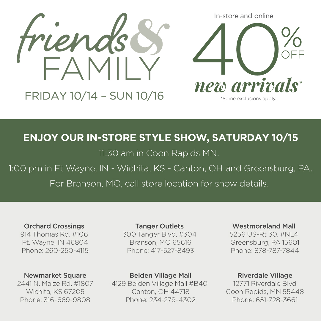 CBanksStyle's tweet image. The Friends &amp;amp; Family event has begun! From October 14th - 16th enjoy 40% OFF new arrivals both In-store and Online! Plus In-store style shows and special stylist sessions! Contact info below!

Store Info: bit.ly/3V4gurG

Shop Now: bit.ly/3EjPXk5