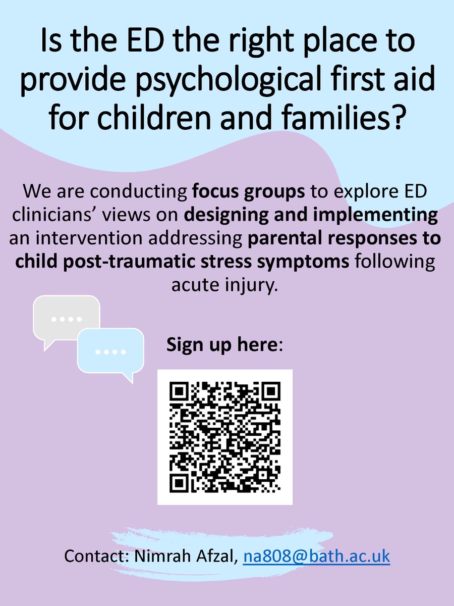 Do you look after children in a UK ED (nurses & medics)? We know psychological first aid reduces PTSD, now we're researching whether the ED is the right place for this. If you can help by taking part in a focus group, pls register here: tinyurl.com/3mwnk4z4