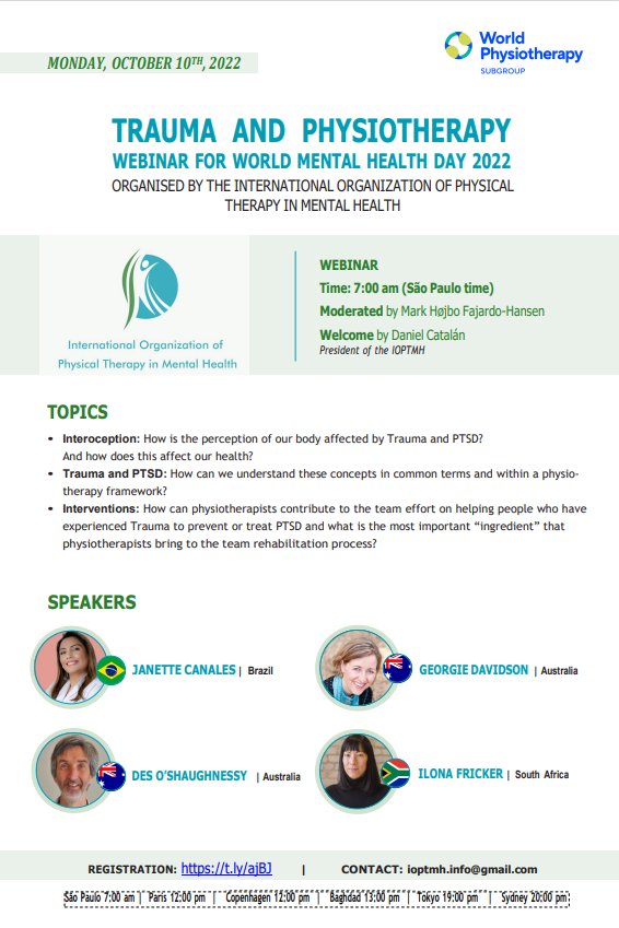 WorldPhysioMH's tweet photo. We announce the IOPTMH theme for @WMHDay 
"The role of Physiotherapy in Trauma Rehabilitation".
We would like to thank @WorldPhysio1951 for their great support!
Join us this webinar Monday 10th October. Register https://t.co/k7HNntCHPC More info here 👇👇 https://t.co/ZYkEu98pl8