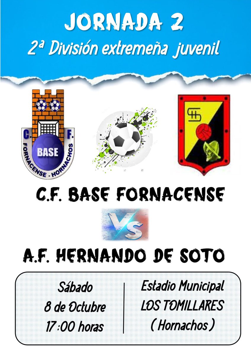 ‼️ SEGUNDO PARTIDO DE LIGA PARA NUESTROS JUVENILES‼️
🗓️ SABADO 8 OCTUBRE
⚽ 17:00 HORAS
🏟️ LOS TOMILLARES
🛠️ <a href="/_Hernandodesoto/">A.F. Hernando de Soto</a>
