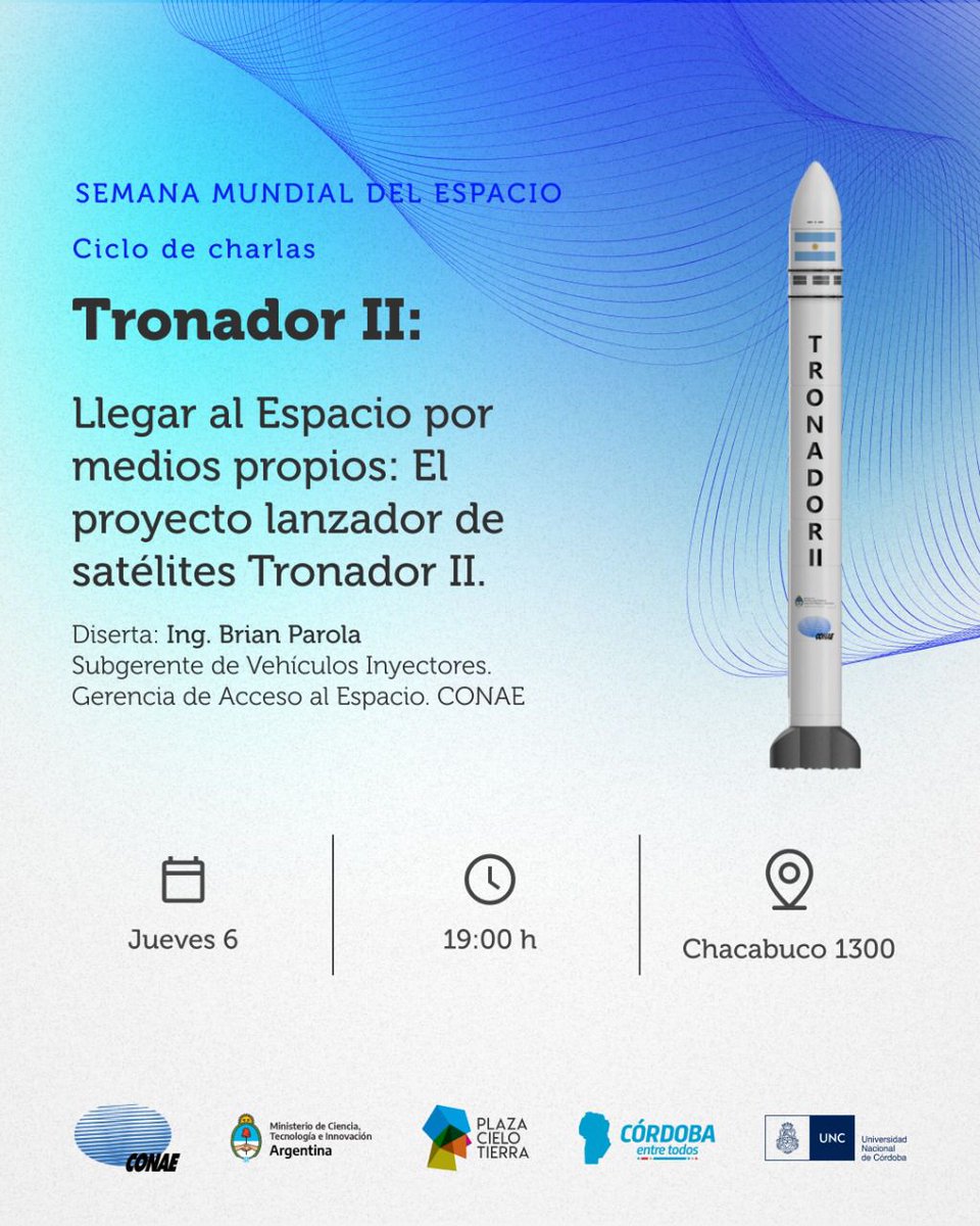 CONAE_Oficial's tweet photo. En la Semana Mundial del Espacio, la CONAE y el centro de interpretación científica Plaza Cielo Tierra de Córdoba, lanzan un ciclo de charlas sobre lanzadores y satélites argentinos. "Llegar al Espacio por medios propios: el proyecto de lanzador de satélites Tronador II.
Sigue👉 https://t.co/6nM5CQpEAv