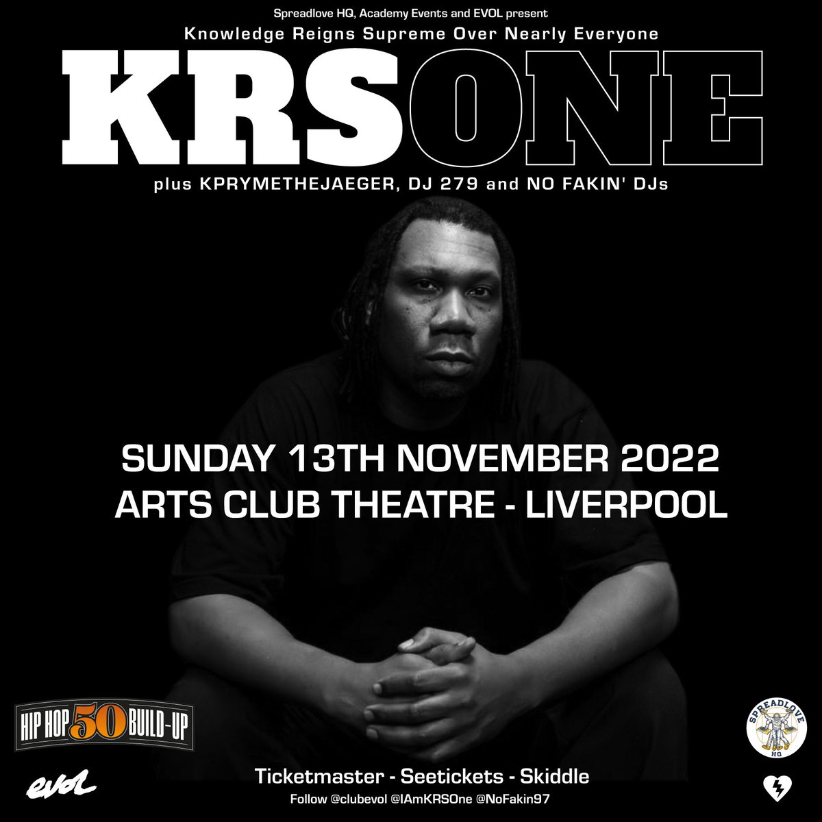 ClubEVOL's tweet photo. PSA: in case you missed the announcement yesterday - overjoyed to be back working with one of the OG's @IAmKRSOne plus KPRYMETHEJAEGER, @NoFakin97 &amp; @DJ279. Sunday November 13th at @ArtsClubHQ. Tickets on-sale 10am this Friday Oct 7th via @seetickets. Don't sleep on this -x- https://t.co/idNIDR10pb