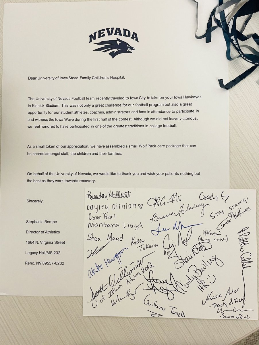 UIchildrens's tweet photo. We’ve got mail! 📬
Thank you, @NevadaWolfPack, for sending our staff, patients, and families the letter and care package after the Iowa vs. Nevada football game. The #HawkeyeWave is truly the best tradition in college football! 💛 https://t.co/X67c83tmTd